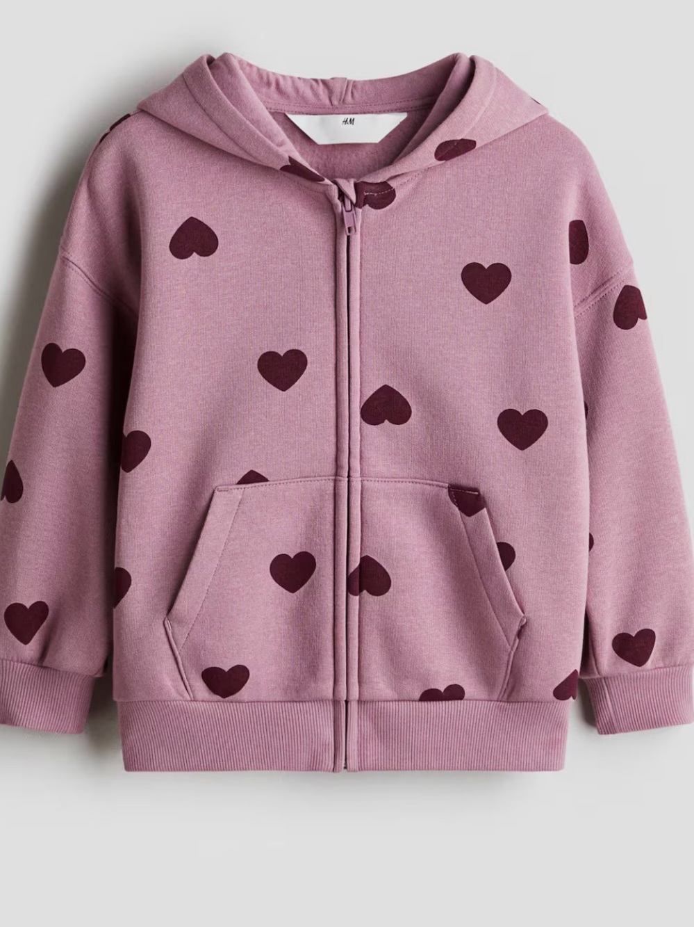 H&M Mauve Zip Hoodie with Dark Burgundy Heart Print